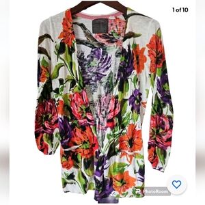 Guinevere Anthropologie 100% Cotton Floral‎ Print Open Boho Cardigan S Pockets